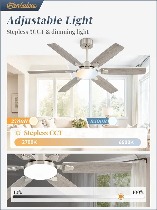 Alt view image 4 of 7 - 52 Inch Ceiling Fans with Lights,Remote Control&2 Rods 6 Blades,3CCT LED,Reversible Blades,Quiet DC Motor,Timer,6 Speeds,Memory Function,Dual-Color Blades,Living Room,Bedroom
