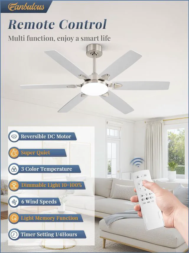 Alt view image 7 of 7 - 52 Inch Ceiling Fans with Lights,Remote Control&2 Rods 6 Blades,3CCT LED,Reversible Blades,Quiet DC Motor,Timer,6 Speeds,Memory Function,Dual-Color Blades,Living Room,Bedroom