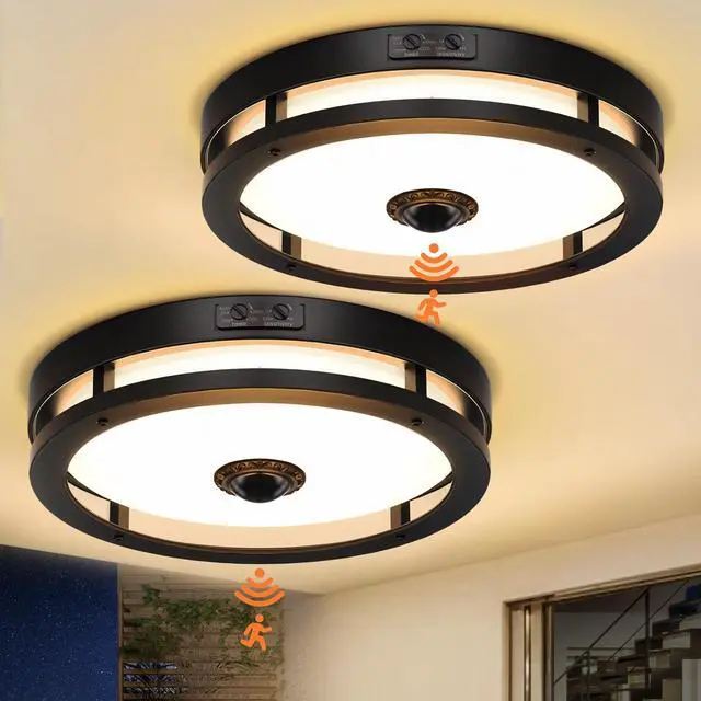 Main image of Outdoor Motion Sensor LED Ceiling Light, Dusk to Dawn, 12", 2 Pack 3000K, Aluminum Exterior Flush Mount Fixture, Easy Installation, Modern for Outside,Garage,Entry,Balcony,Patio,Porch, Black
