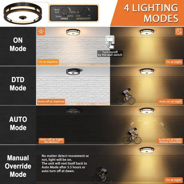 Alt view image 2 of 7 - Outdoor Motion Sensor LED Ceiling Light, Dusk to Dawn, 12", 2 Pack 3000K, Aluminum Exterior Flush Mount Fixture, Easy Installation, Modern for Outside,Garage,Entry,Balcony,Patio,Porch, Black