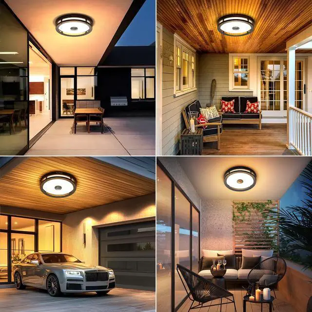 Alt view image 6 of 7 - Outdoor Motion Sensor LED Ceiling Light, Dusk to Dawn, 12", 2 Pack 3000K, Aluminum Exterior Flush Mount Fixture, Easy Installation, Modern for Outside,Garage,Entry,Balcony,Patio,Porch, Black