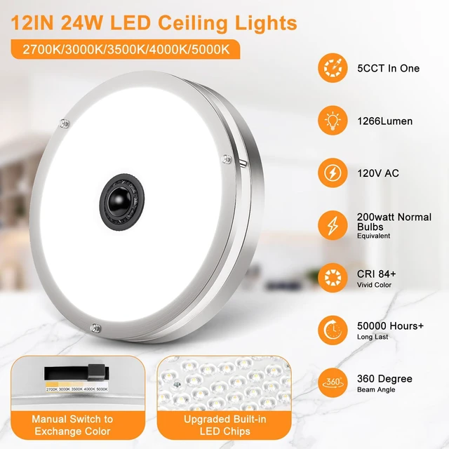 Alt view image 5 of 7 - 2-Pack 12" LED Motion Sensor Outdoor Ceiling Light, 5CCT, 24W Dusk to Dawn, 2700K/3000K/3500K/4000K/5000K Dimmable, 4 Lighting Modes, Flush Mount Ceiling Light for Entryway, Nickle