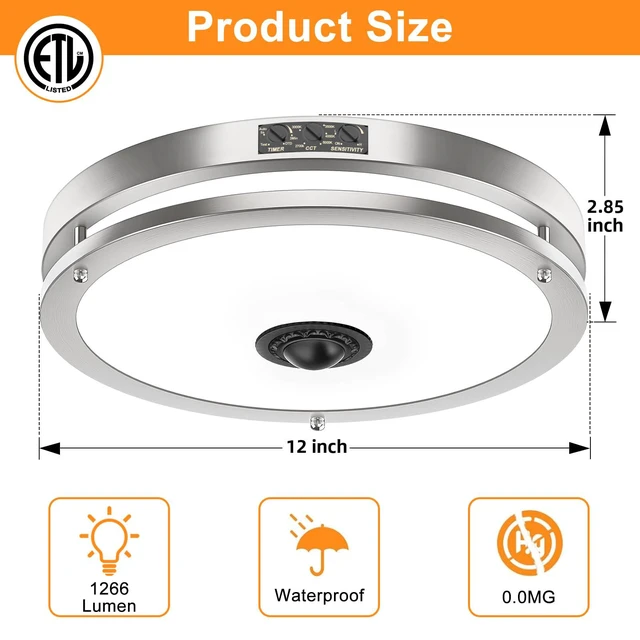 Alt view image 6 of 7 - 2-Pack 12" LED Motion Sensor Outdoor Ceiling Light, 5CCT, 24W Dusk to Dawn, 2700K/3000K/3500K/4000K/5000K Dimmable, 4 Lighting Modes, Flush Mount Ceiling Light for Entryway, Nickle