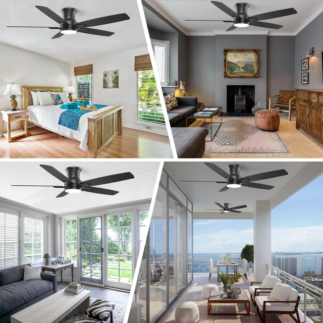 Alt view image 2 of 7 - 52 Inch Flush Mount Black Ceiling Fan with Light and Remote Control.Noiseless,Dimmable,3CCT,6 Speeds Reversible, Low Profile DC Ceiling Fans for Indoor or Covered Outdoor Use,ETL Listed