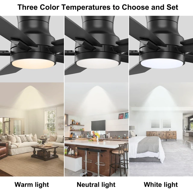 Alt view image 5 of 7 - 52 Inch Flush Mount Black Ceiling Fan with Light and Remote Control.Noiseless,Dimmable,3CCT,6 Speeds Reversible, Low Profile DC Ceiling Fans for Indoor or Covered Outdoor Use,ETL Listed