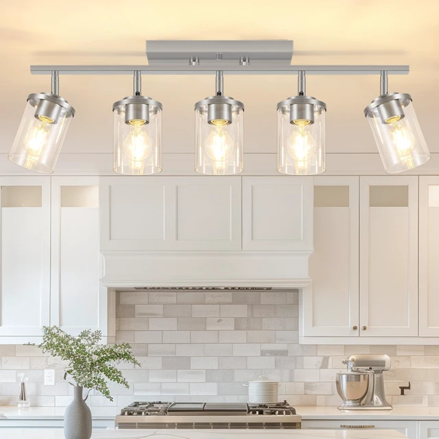 Main image of 5-Lights Brushed Nickel Track Ceiling Light Fixtures, Modern Close to Ceiling Light with Clear Glass Shade, Large Hallway Lighting Fixtures for Dining Room Kitchen Living Room