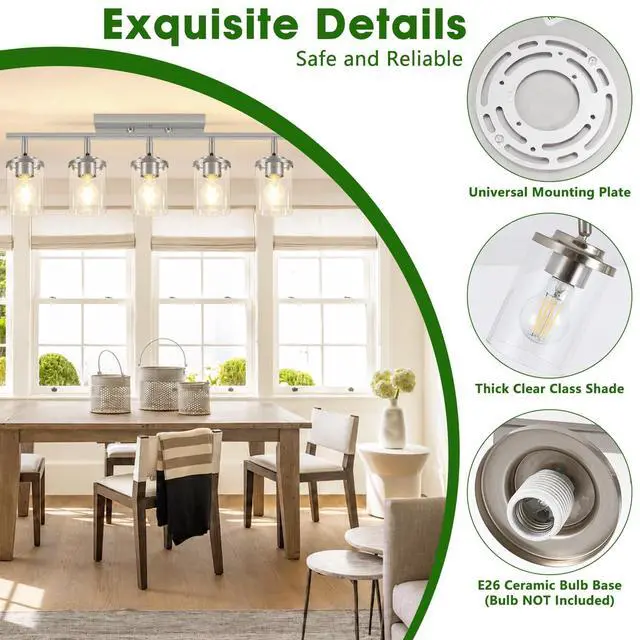 Alt view image 3 of 7 - 5-Lights Brushed Nickel Track Ceiling Light Fixtures, Modern Close to Ceiling Light with Clear Glass Shade, Large Hallway Lighting Fixtures for Dining Room Kitchen Living Room
