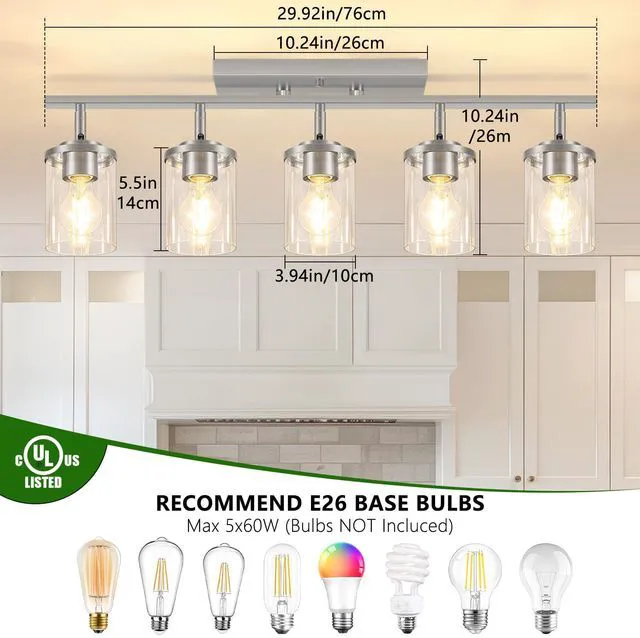 Alt view image 2 of 7 - 5-Lights Brushed Nickel Track Ceiling Light Fixtures, Modern Close to Ceiling Light with Clear Glass Shade, Large Hallway Lighting Fixtures for Dining Room Kitchen Living Room