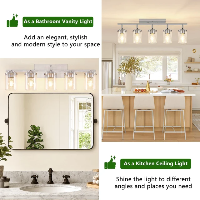 Alt view image 5 of 7 - 5-Lights Brushed Nickel Track Ceiling Light Fixtures, Modern Close to Ceiling Light with Clear Glass Shade, Large Hallway Lighting Fixtures for Dining Room Kitchen Living Room