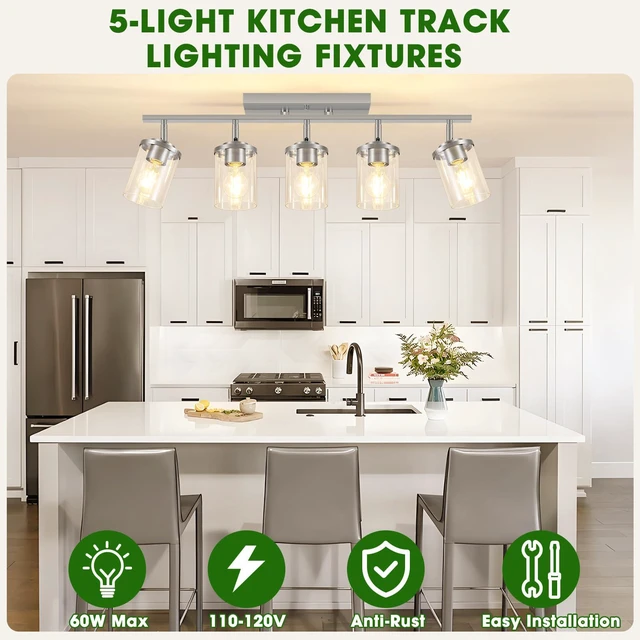 Alt view image 6 of 7 - 5-Lights Brushed Nickel Track Ceiling Light Fixtures, Modern Close to Ceiling Light with Clear Glass Shade, Large Hallway Lighting Fixtures for Dining Room Kitchen Living Room