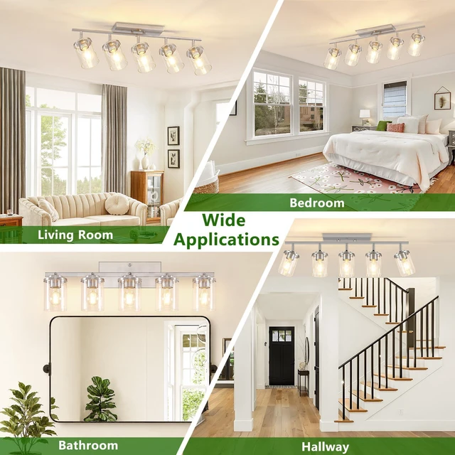 Alt view image 7 of 7 - 5-Lights Brushed Nickel Track Ceiling Light Fixtures, Modern Close to Ceiling Light with Clear Glass Shade, Large Hallway Lighting Fixtures for Dining Room Kitchen Living Room