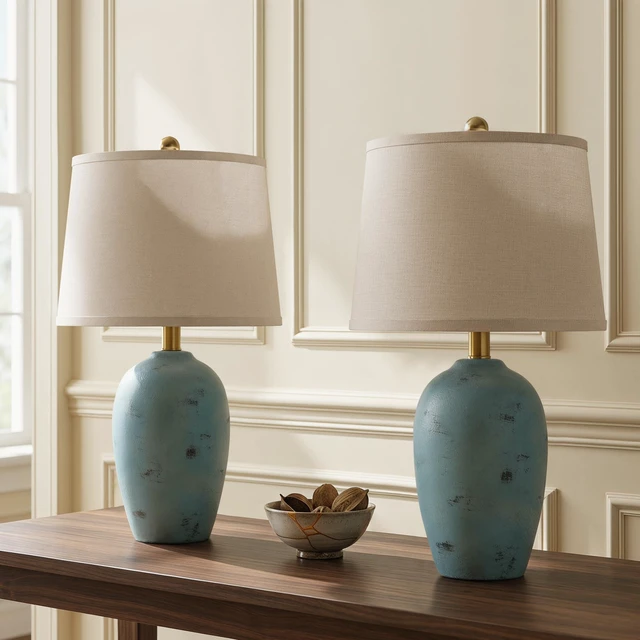 Alt view image 2 of 7 - 21'' Set of 2 Coastal Small Ceramic Lamps for Bedroom Traditional Nightstand Bedside Desk Table Lamp for Living Room Office Dorm, 2 Bulbs Included