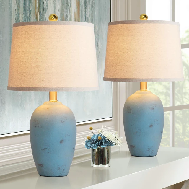 Alt view image 4 of 7 - 21'' Set of 2 Coastal Small Ceramic Lamps for Bedroom Traditional Nightstand Bedside Desk Table Lamp for Living Room Office Dorm, 2 Bulbs Included