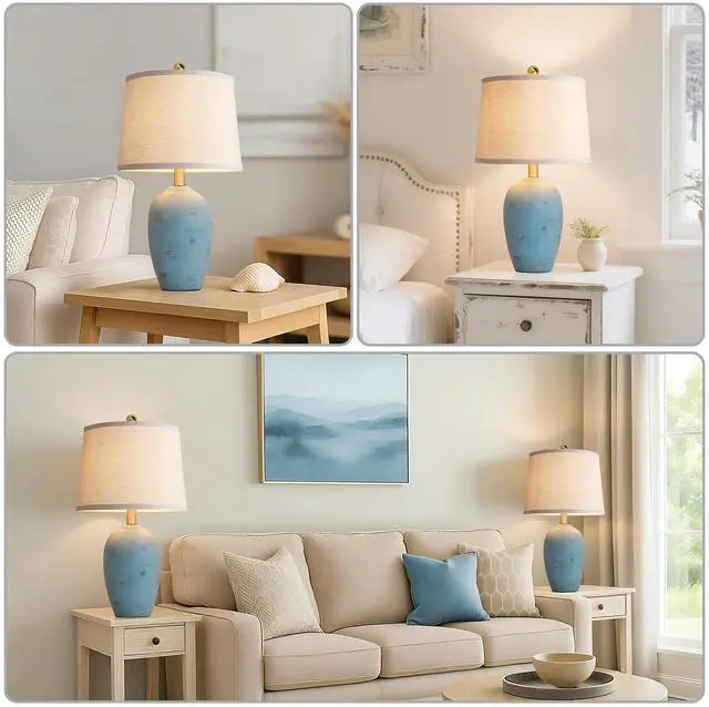Alt view image 5 of 7 - 21'' Set of 2 Coastal Small Ceramic Lamps for Bedroom Traditional Nightstand Bedside Desk Table Lamp for Living Room Office Dorm, 2 Bulbs Included