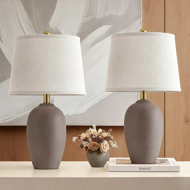Main image of 21'' Set of 2 Farmhouse Ceramic Small Table Lamps for Living Room Bedroom, Nightstand Rustic Brown Desk Lamp for Bedside End Table Entryway, 2 LED Bulbs Included