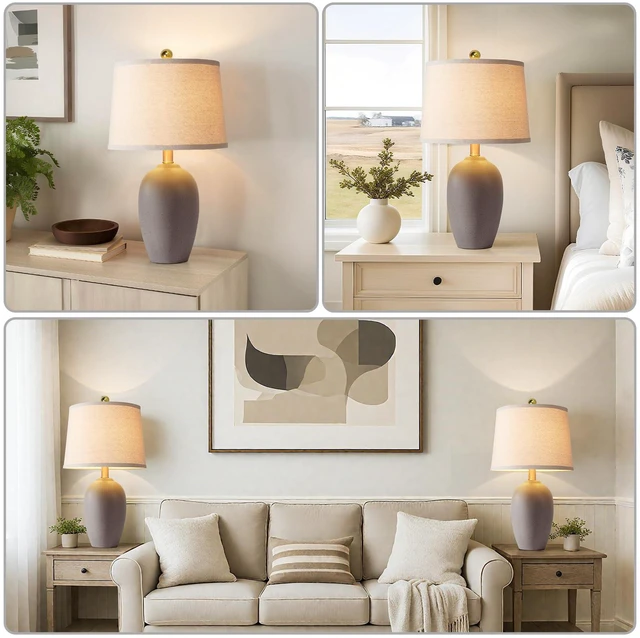 Alt view image 5 of 7 - 21'' Set of 2 Farmhouse Ceramic Small Table Lamps for Living Room Bedroom, Nightstand Rustic Brown Desk Lamp for Bedside End Table Entryway, 2 LED Bulbs Included