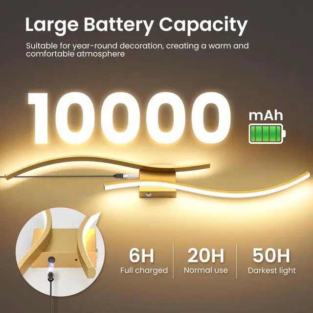 Alt view image 2 of 7 - 10000mAh Battery Operated Wall Sconces Set of 2, Gold, 31.5 Inch 3CCT, Renter Friendly, Rechargeable Wall Lights, Remote, Dimmable, LED Cordless Lights for Living Room, Bedroom, Home Decor