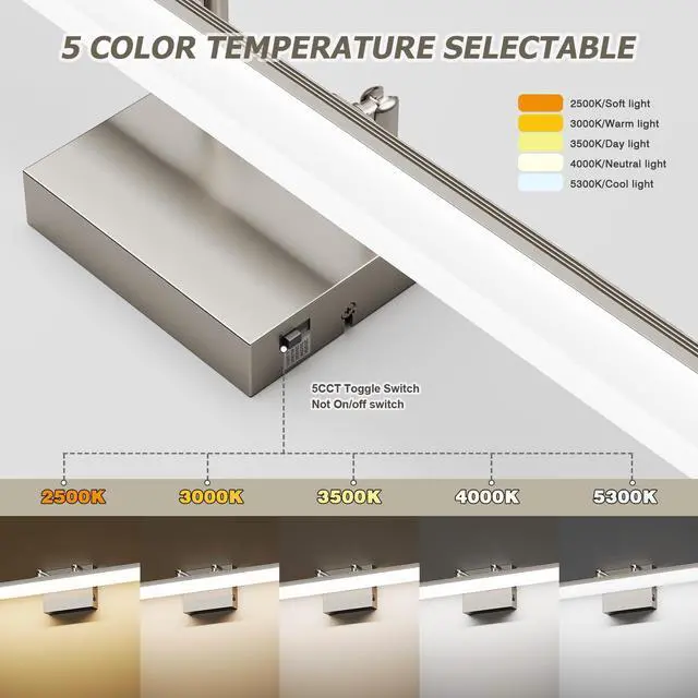 Alt view image 3 of 7 - Brushed Nickel Vanity Light 31.5", 24W LED Dimmable Bathroom Light Bar with Adjustable Angle & 5CCT Modern Long Wall Fixture for Bathroom, Powder Room, Bedroom, Apartment, Hotel
