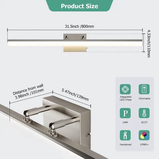 Alt view image 6 of 7 - Brushed Nickel Vanity Light 31.5", 24W LED Dimmable Bathroom Light Bar with Adjustable Angle & 5CCT Modern Long Wall Fixture for Bathroom, Powder Room, Bedroom, Apartment, Hotel