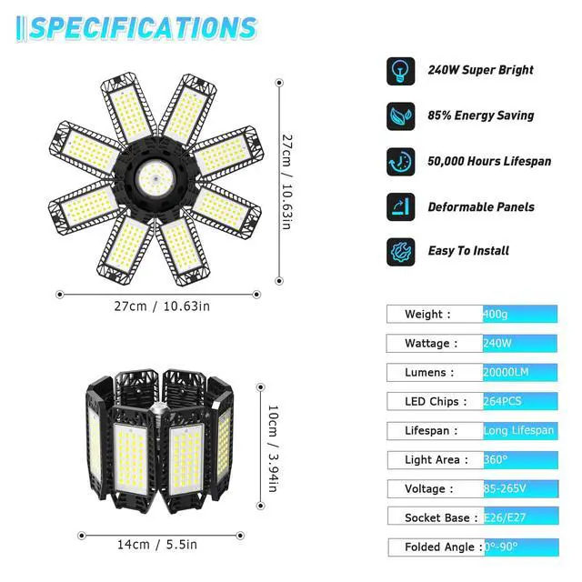 Alt view image 4 of 7 - Garage Light 6 Pack - 240W 24000LM 6500K Garage Lights Ceiling LED with 8+1 Deformable Panels, E26/E27 Screw Socket in LED Shop Light for Workshop, Basement, Gym, Barn, Warehouse etc Bay Lighting