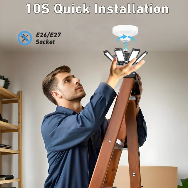 Alt view image 6 of 7 - Garage Light 6 Pack - 240W 24000LM 6500K Garage Lights Ceiling LED with 8+1 Deformable Panels, E26/E27 Screw Socket in LED Shop Light for Workshop, Basement, Gym, Barn, Warehouse etc Bay Lighting