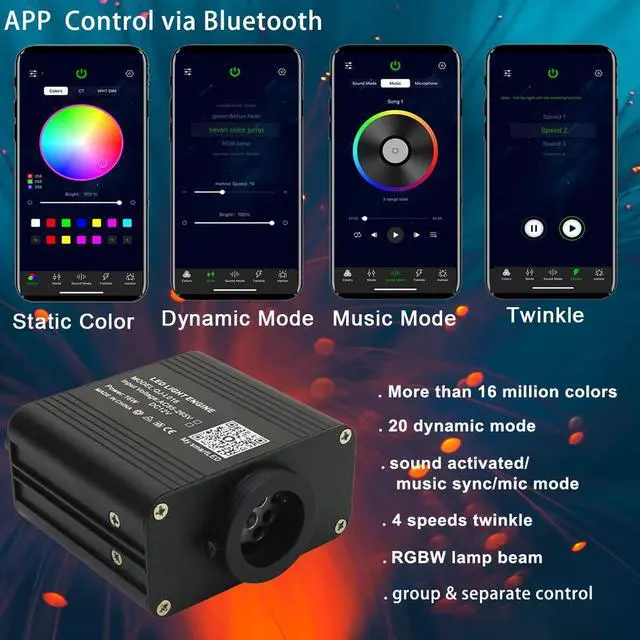 Alt view image 2 of 7 - 16W Twinkle & Sound Activate 650pcs*0.03in*9.8ft Fiber Optic Starlight Headliner Kits for Car Home Star Ceiling Sky Decoration, APP& Remote Control Light Engine End Glow Fiber
