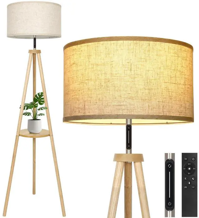 Main image of Wood Tripod Floor Lamp with Shelves, Mid Century LED Modern Dimmable Floor Lamp with Remote Control, Sturdy Tall Standing Lamp with Beige Lamp Shade for Living Room, Bedroom, Office