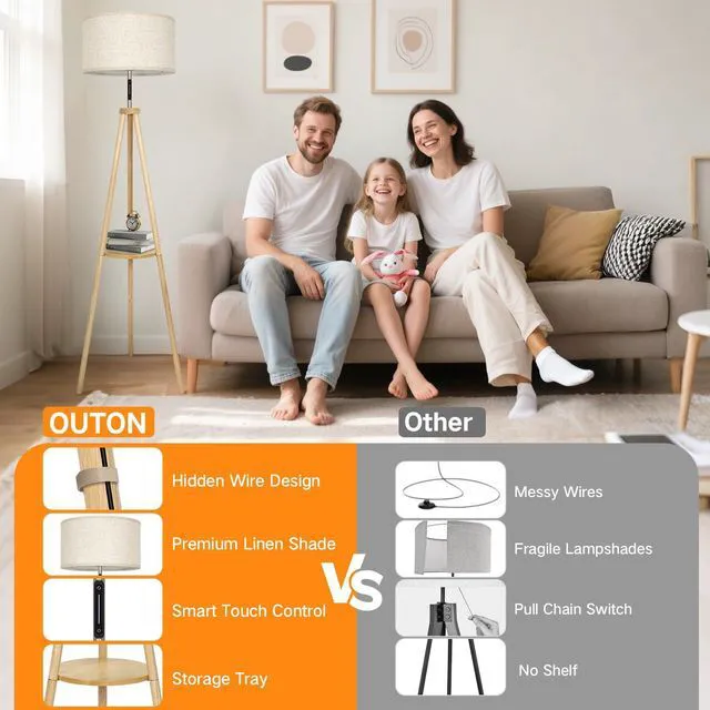 Alt view image 3 of 7 - Wood Tripod Floor Lamp with Shelves, Mid Century LED Modern Dimmable Floor Lamp with Remote Control, Sturdy Tall Standing Lamp with Beige Lamp Shade for Living Room, Bedroom, Office