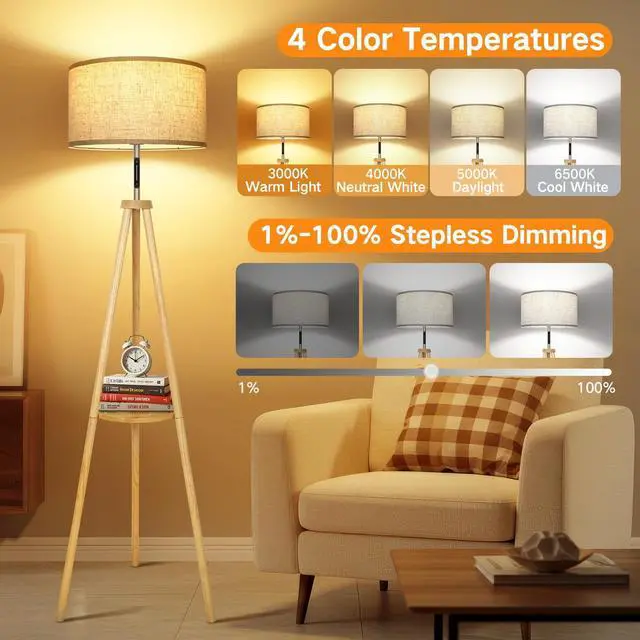Alt view image 2 of 7 - Wood Tripod Floor Lamp with Shelves, Mid Century LED Modern Dimmable Floor Lamp with Remote Control, Sturdy Tall Standing Lamp with Beige Lamp Shade for Living Room, Bedroom, Office