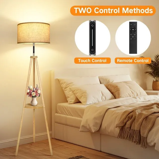 Alt view image 4 of 7 - Wood Tripod Floor Lamp with Shelves, Mid Century LED Modern Dimmable Floor Lamp with Remote Control, Sturdy Tall Standing Lamp with Beige Lamp Shade for Living Room, Bedroom, Office