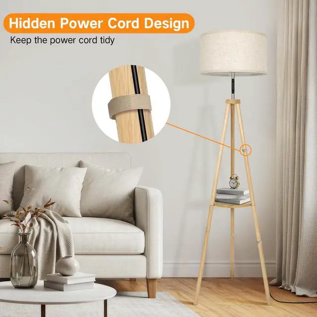 Alt view image 6 of 7 - Wood Tripod Floor Lamp with Shelves, Mid Century LED Modern Dimmable Floor Lamp with Remote Control, Sturdy Tall Standing Lamp with Beige Lamp Shade for Living Room, Bedroom, Office
