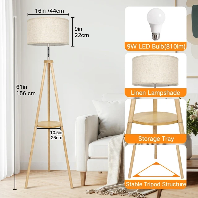 Alt view image 5 of 7 - Wood Tripod Floor Lamp with Shelves, Mid Century LED Modern Dimmable Floor Lamp with Remote Control, Sturdy Tall Standing Lamp with Beige Lamp Shade for Living Room, Bedroom, Office