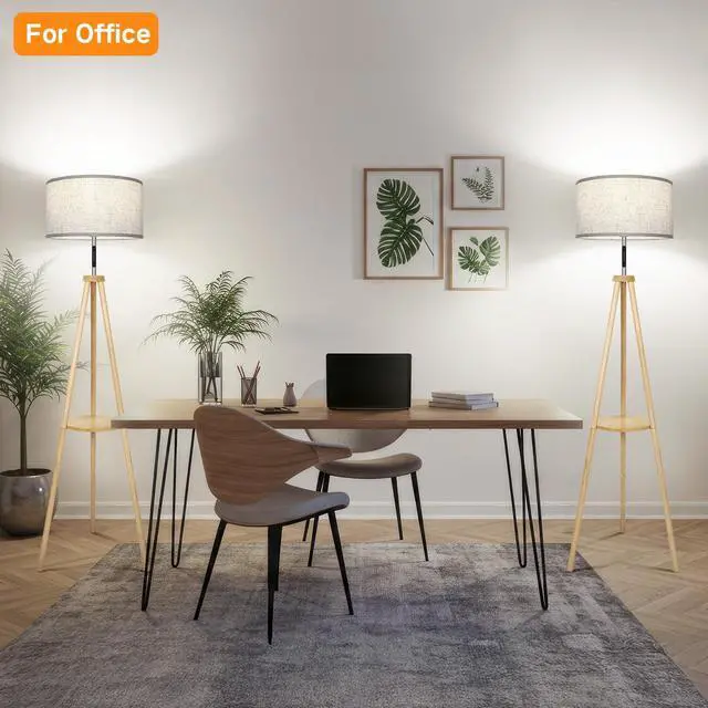 Alt view image 7 of 7 - Wood Tripod Floor Lamp with Shelves, Mid Century LED Modern Dimmable Floor Lamp with Remote Control, Sturdy Tall Standing Lamp with Beige Lamp Shade for Living Room, Bedroom, Office