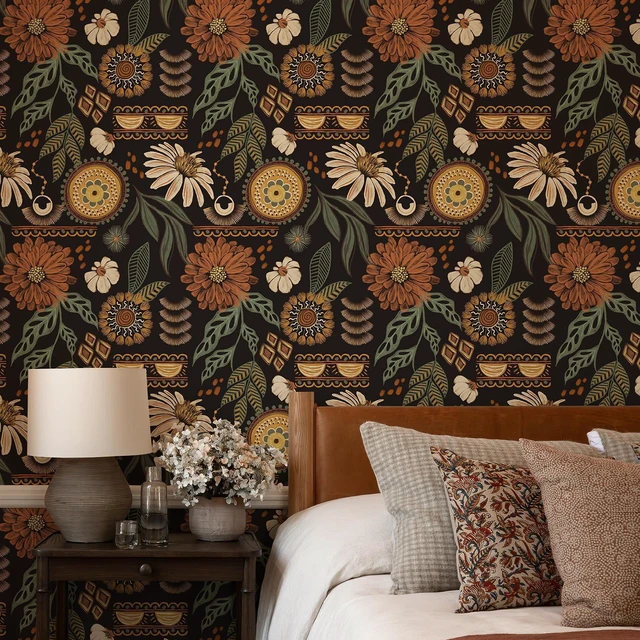 Main image of Boho Floral Peel and Stick Wallpaper 17.3" x 800" Sun Floral Retro Contact Paper Removable Self Adhesive Contact Paper, Renter Friendly for Cabinets, Furniture, DIY Decor
