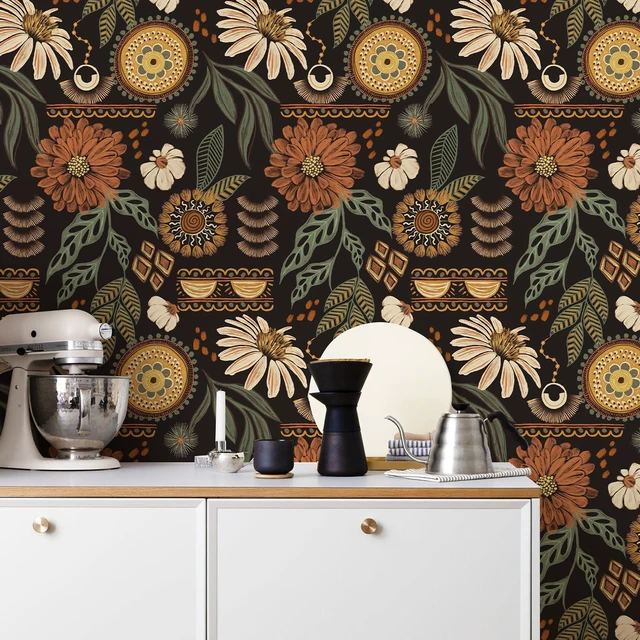 Alt view image 5 of 7 - Boho Floral Peel and Stick Wallpaper 17.3" x 800" Sun Floral Retro Contact Paper Removable Self Adhesive Contact Paper, Renter Friendly for Cabinets, Furniture, DIY Decor