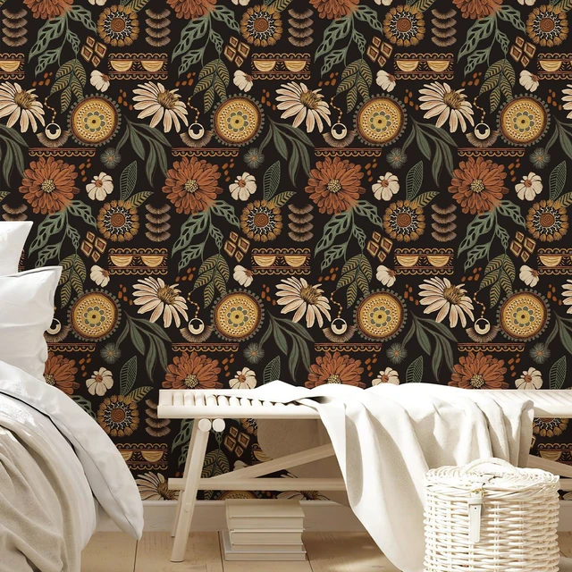 Alt view image 4 of 7 - Boho Floral Wallpaper Peel and Stick 17.3" x 1200" Sun Floral Retro Contact Paper Removable Self Adhesive Contact Paper, Renter Friendly for Cabinets, Furniture, DIY Decor