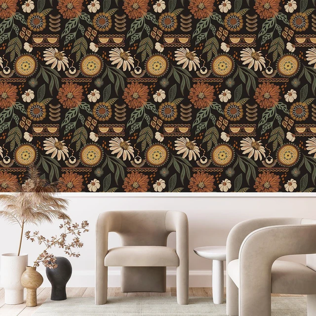 Alt view image 6 of 7 - Boho Floral Peel and Stick Wallpaper 17.3" x 800" Sun Floral Retro Contact Paper Removable Self Adhesive Contact Paper, Renter Friendly for Cabinets, Furniture, DIY Decor
