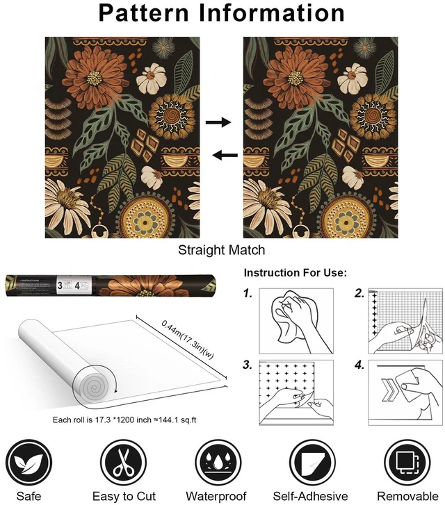Alt view image 7 of 7 - Boho Floral Wallpaper Peel and Stick 17.3" x 1200" Sun Floral Retro Contact Paper Removable Self Adhesive Contact Paper, Renter Friendly for Cabinets, Furniture, DIY Decor