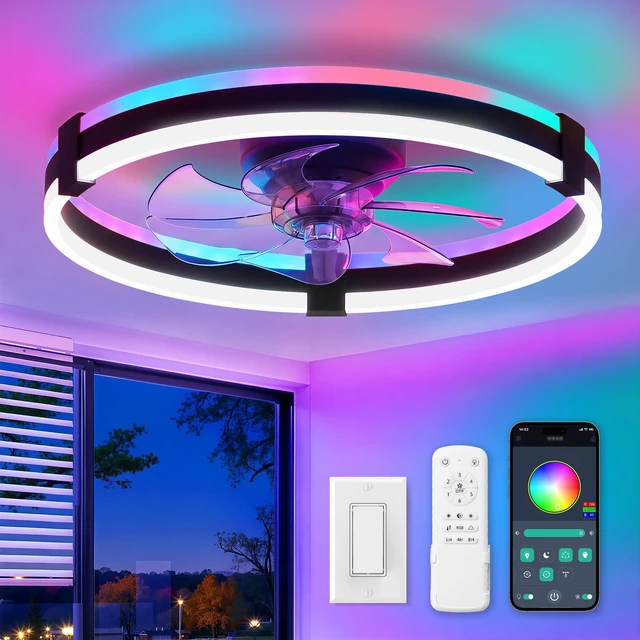 Main image of 20" RGB Low Profile Ceiling Fans with Lights and Remote, Black Custom RGB+3CCT Dimmable, 6 Speeds, Remote/App Control, Reversible DC Motor, Memory, Timer, Modern Fandelier for Kids/Bedroom