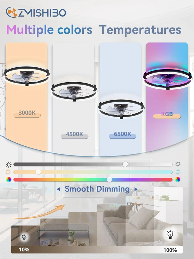 Alt view image 2 of 7 - 20" RGB Low Profile Ceiling Fans with Lights and Remote, Black Custom RGB+3CCT Dimmable, 6 Speeds, Remote/App Control, Reversible DC Motor, Memory, Timer, Modern Fandelier for Kids/Bedroom