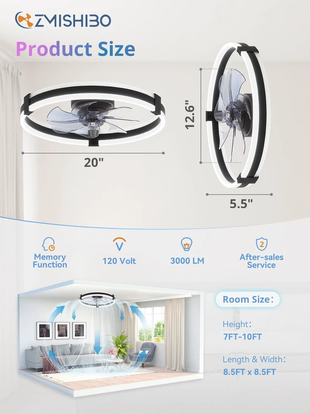 Alt view image 4 of 7 - 20" RGB Low Profile Ceiling Fans with Lights and Remote, Black Custom RGB+3CCT Dimmable, 6 Speeds, Remote/App Control, Reversible DC Motor, Memory, Timer, Modern Fandelier for Kids/Bedroom