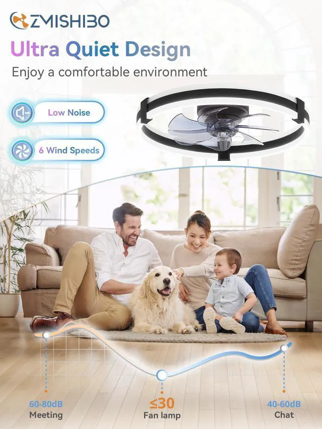 Alt view image 5 of 7 - 20" RGB Low Profile Ceiling Fans with Lights and Remote, Black Custom RGB+3CCT Dimmable, 6 Speeds, Remote/App Control, Reversible DC Motor, Memory, Timer, Modern Fandelier for Kids/Bedroom