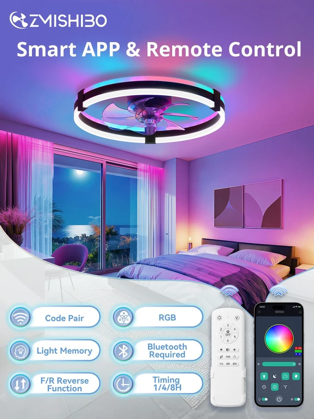 Alt view image 6 of 7 - 20" RGB Low Profile Ceiling Fans with Lights and Remote, Black Custom RGB+3CCT Dimmable, 6 Speeds, Remote/App Control, Reversible DC Motor, Memory, Timer, Modern Fandelier for Kids/Bedroom