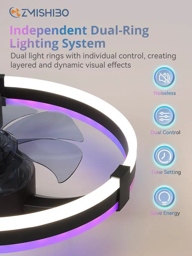 Alt view image 7 of 7 - 20" RGB Low Profile Ceiling Fans with Lights and Remote, Black Custom RGB+3CCT Dimmable, 6 Speeds, Remote/App Control, Reversible DC Motor, Memory, Timer, Modern Fandelier for Kids/Bedroom