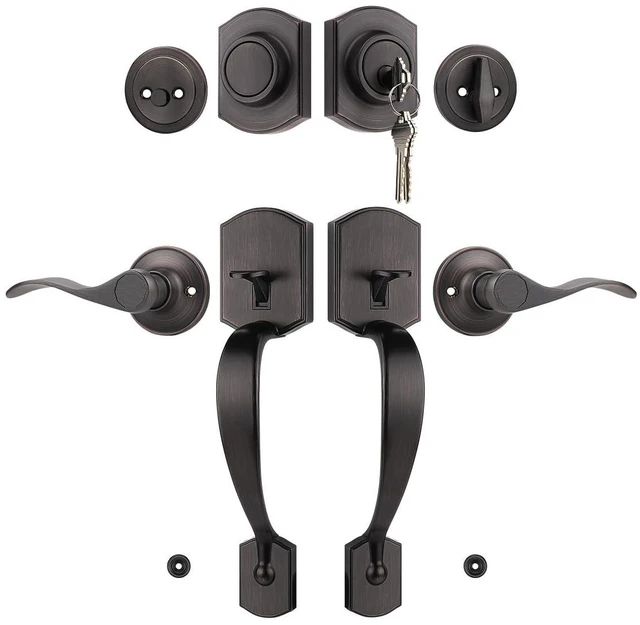 Main image of Oil Rubbed Bronze Double Front Door Handleset with Deadbolt Upgraded Entry Door Handle Featuring Accent Wave Lever, Keyed & Dummy Exterior Handleset Combination