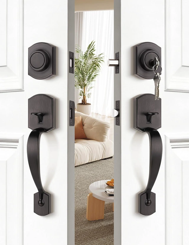 Alt view image 2 of 7 - Oil Rubbed Bronze Double Front Door Handleset with Deadbolt Upgraded Entry Door Handle Featuring Accent Wave Lever, Keyed & Dummy Exterior Handleset Combination