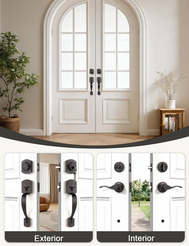 Alt view image 3 of 7 - Oil Rubbed Bronze Double Front Door Handleset with Deadbolt Upgraded Entry Door Handle Featuring Accent Wave Lever, Keyed & Dummy Exterior Handleset Combination