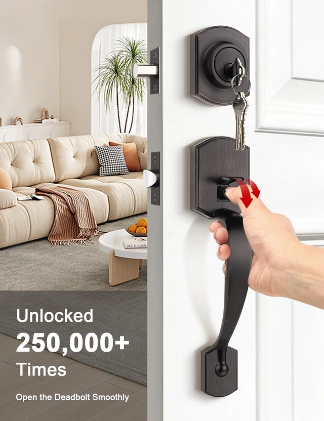 Alt view image 4 of 7 - Oil Rubbed Bronze Double Front Door Handleset with Deadbolt Upgraded Entry Door Handle Featuring Accent Wave Lever, Keyed & Dummy Exterior Handleset Combination