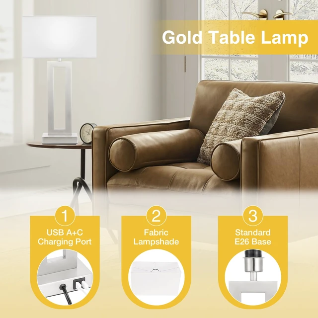 Alt view image 4 of 7 - 22" Tall Bedroom Lamps for Living Room - Touch Brushed Nickel Bedside Lamps with USB C+A, 3 Way Dimmable Lamp for Nightstand, Modern Night Stands Lamps for End Tables(White&Silver)