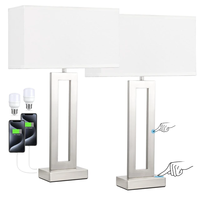 Alt view image 7 of 7 - 22" Tall Bedroom Lamps for Living Room - Touch Brushed Nickel Bedside Lamps with USB C+A, 3 Way Dimmable Lamp for Nightstand, Modern Night Stands Lamps for End Tables(White&Silver)
